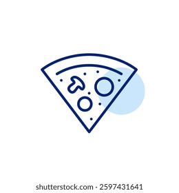 Slice of pizza with toppings. Salami and mushrooms. American fast food, delivery. Pixel perfect, editable stroke vector icon