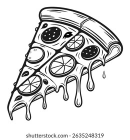 A slice of pizza with various toppings, dripping with melted cheese