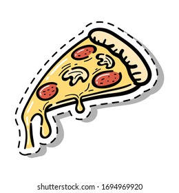 Pieza de pizza. Dibujo de dibujos animados. Pegatinas e íconos sobre el tema del estilo de vida.