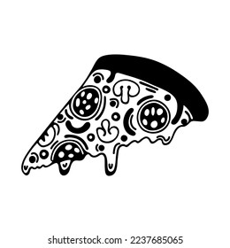 Slice of pizza vector icon. Hand drawn simple doodle isolated on white. Triangular piece of baking with pepperoni, mushrooms, olives, cheese. Italian fast food sketch. Cartoon clipart for menus, cards