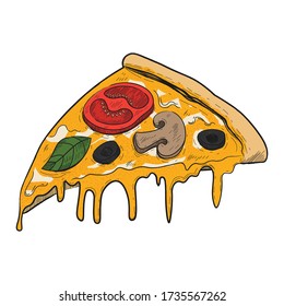 Slice of pizza, vector illustration in engraved hand drawn style. Sketch pizza, isolated on white background