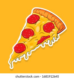 Pieza de ilustración vectorial de pizza. Colores vibrantes. Sticker Pepperoni. 