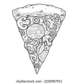 Slice pizza vintage monochrome emblem with triangular piece classic Italian appetizer with sausage and vegetables topped with cheese vector illustration