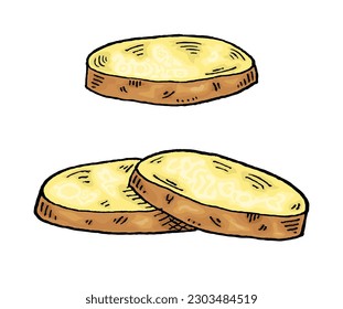 Slice potato. Vintage engraving vector color illustration. Isolated on white background.