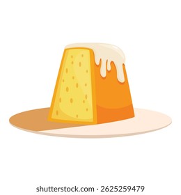 Slice of pudding cake with dripping cream on plate, simple dessert icon