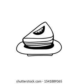 A slice of puff cake with citrus on the plate to the baptismal eve. Flat doodle outline vector illustration on white. Design menu cafe or restaurant, print t shirt, cup, wall drawing for the kitchen.