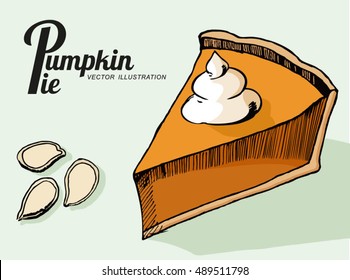 Slice Of Pumpkin Pie And Pumpkin Seeds. Vector Illustration.