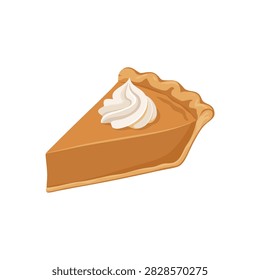 Slice of pumpkin pie topped with whipped cream swirl, isolated on white background, vector illustration for Thanksgiving and autumn holiday design