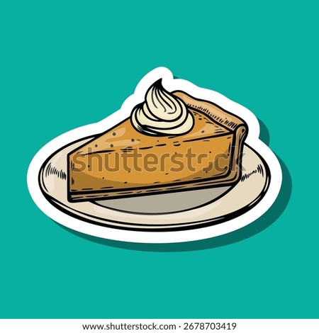 A slice of pumpkin pie topped with whipped cream on a white plate. The background is a solid teal color, emphasizing the dessert's warm tones.