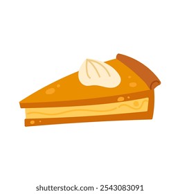 Slice of pumpkin pie. Vector illustration. Fall season dessert. Autumn greeting card, postcard design.