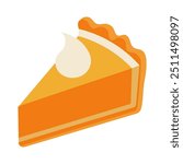 A slice of pumpkin pie with whipped cream on top. The pie is orange and has a light, fluffy texture