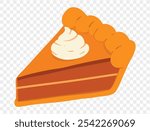 Slice of pumpkin pie with whipped cream on top,flat minimalist style, perfect for Thanksgiving celebrations. Transparent background for easy use in designs. vector