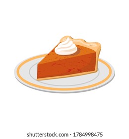 A slice of pumpkin pie and whipped cream isolated. Vector illustration in a flat style on a white background.