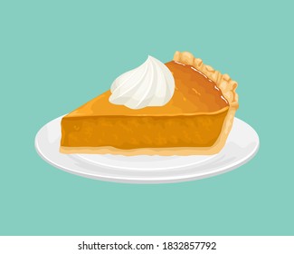 Slice of pumpkin pie with whipped cream on a white plate. Vector illustration of a festive dessert in cartoon flat style.