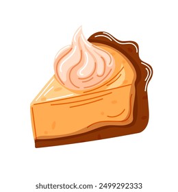 Slice of pumpkin pie with a whipped cream on top. Cartoon style. Cake with smooth, creamy filling and a golden-brown crust for bakery design. Vector illustration isolated on a white background.