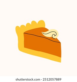 Slice of pumpkin pie with whipped cream on a on a light background, drawing, hand drawn illustration, flat style