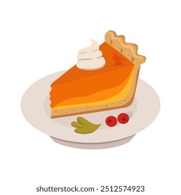 Slice of pumpkin pie and whipped cream. Vector illustration on white background.