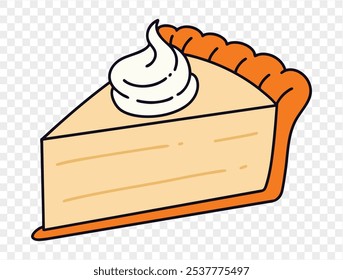 Slice of pumpkin pie with whipped cream on top,flat minimalist style, perfect for Thanksgiving celebrations. Transparent background for easy use in designs. vector