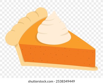 Slice of pumpkin pie with whipped cream on top,flat minimalist style, perfect for Thanksgiving celebrations. Transparent background for easy use in designs. vector