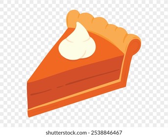 Slice of pumpkin pie with whipped cream on top,flat minimalist style, perfect for Thanksgiving celebrations. Transparent background for easy use in designs. vector