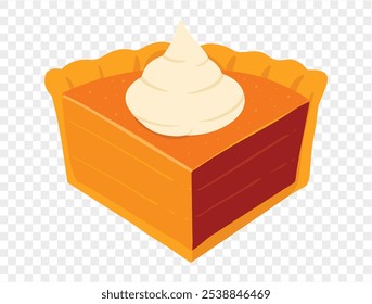 Slice of pumpkin pie with whipped cream on top,flat minimalist style, perfect for Thanksgiving celebrations. Transparent background for easy use in designs. vector