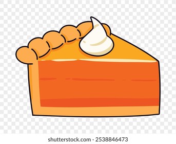 Slice of pumpkin pie with whipped cream on top,flat minimalist style, perfect for Thanksgiving celebrations. Transparent background for easy use in designs. vector