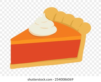 Slice of pumpkin pie with whipped cream on top,flat minimalist style, perfect for Thanksgiving celebrations. Transparent background for easy use in designs. vector