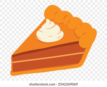 Slice of pumpkin pie with whipped cream on top,flat minimalist style, perfect for Thanksgiving celebrations. Transparent background for easy use in designs. vector