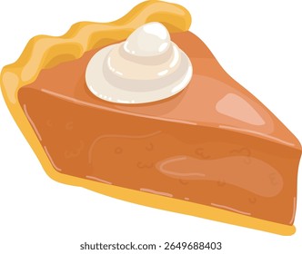 Slice of pumpkin pie with whipped cream on white background