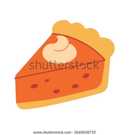 A slice of pumpkin pie with whipped cream on top. The pie is orange and has a yellow crust