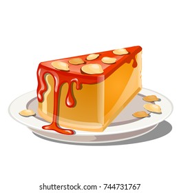 A slice of pumpkin pudding or cheesecake with red topping and crumble nut cereal isolated on a white background. Illustration for a recipe book of tasty and healthy food. Cartoon vector close-up.