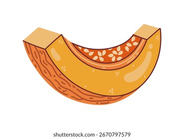 Scheibe Kürbis, Vektorgrafik. Reife saisonale Gemüse mit Samen, orangefarbenem Fleisch, Schale. Herbsternte zu Halloween, Erntedankfest, Herbstferien. Farmprodukt. Handgezeichneter Clipart
