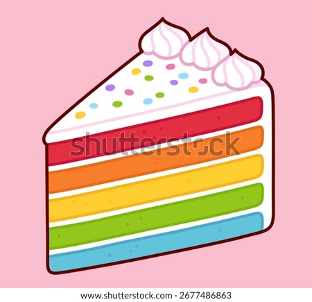 Slice of rainbow colored birthday cake, Happy Birthday greeting card design with hand drawn doodles. Cute cartoon vector clipart illustration.