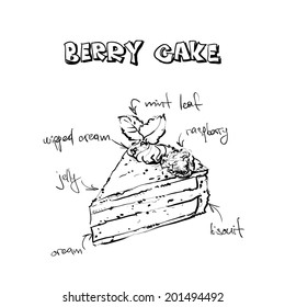 Slice of raspberry  cake. Sketch style. Vector illustration.