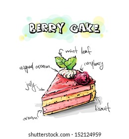 Slice of raspberry  cake. Sketch + watercolor style. Vector illustration.