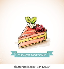 Slice of raspberry  cake. Sketch + watercolor style. Vector illustration.