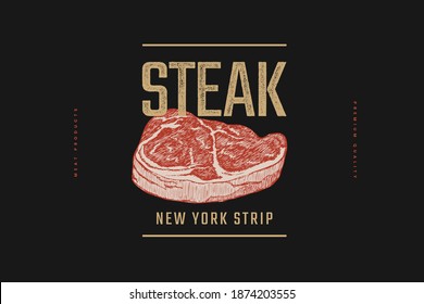 Slice of raw meat steak New York Strip vector illustration. Hand drawn piece of fresh meat on a dark background. Fresh farm produce concept. Design element for a butcher shop, market, restaurant.