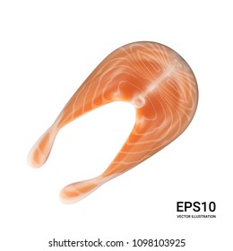 Slice of Raw Salmon Steak Isolated on White Background. Thick Piece of Fresh Red Fish or Trout Vector Illustration