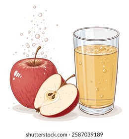 Slice of red apple and glass of apple juice isolated on a white background. Vector illustration.