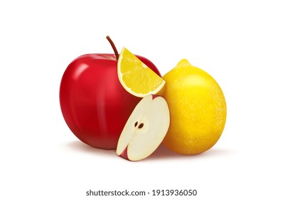 un trozo de manzana roja y un trozo de limón con una manzana roja entera y un limón entero sobre un fondo blanco. ilustración vectorial
