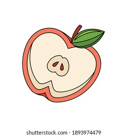 Slice of red apple with seeds and leaves flat vector illustration