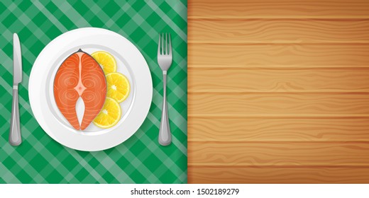 Slice of red fish with lemon on plate on wood background. Horizontal flyer. Object for packaging, advertisements, menu. Vector illustration. Realistic.
