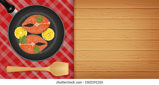 Slice of red fish with lemon on frying pan on wood background. Horizontal flyer. Object for packaging, advertisements, menu. Vector illustration. Realistic.