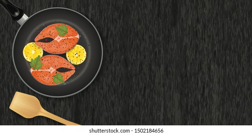 Slice Of Red Fish With Lemons On Frying Pan On Wood Black Background. Horizontal Flyer. Object For Packaging, Advertisements, Menu. Vector Illustration. Realistic.