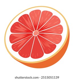 Uma fatia de toranja vermelha com um fundo branco. A toranja é cortada ao meio e as sementes são visíveis
