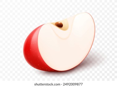 Slice of red juicy apple isolated on transparent background. Ripe piece of a delicious apple. Realistic 3d vector illustration. Bright fruit composition. Template for your summer design