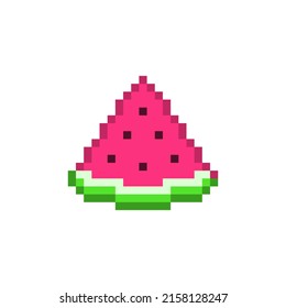 Slice of red pixelated watermelon with seeds. Ripe juicy fruit with green rind. Sliced sweet berry for design and 8bit vector game