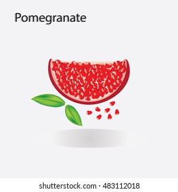 slice of red pomegranate grain green leaves isolated on white background abstract art creative vector element for design