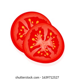 Slice of red tomato isolated on white. Two slices of ripe juicy tomato. Vector Illustration.