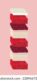 Roter Samtkuchen auf Teller oder Gericht. Köstliche süße Wüste für Valentins Konzept. Vektorgrafik. Grafikdesign-Element. Symbol der Süßigkeiten. Café-Menü. Detailliertes Vektorsymbol